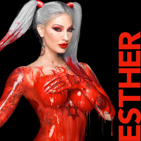 Esther Hanuka in red by Nick Saglimbeni for Painted Princess Project