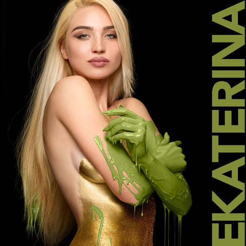 Model Ekaterina Khudiakova in green and gold from Ukraine by Nick Saglimbeni for Painted Princess Project.